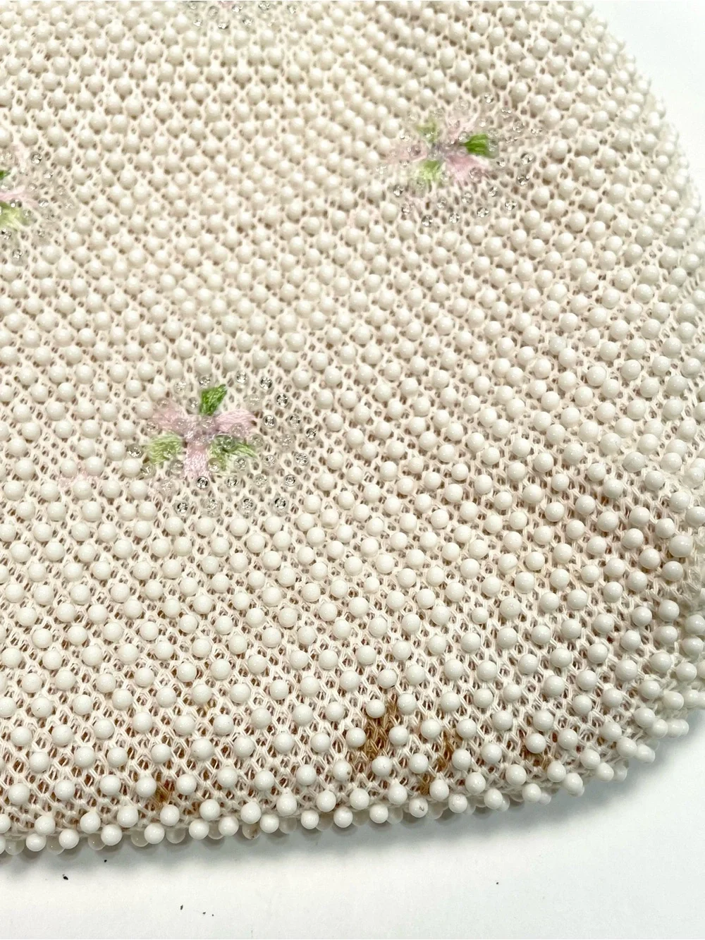 Vintage 50s 60s Beaded Handbag White Floral Embroidered, Lucite Frame Hong Kong